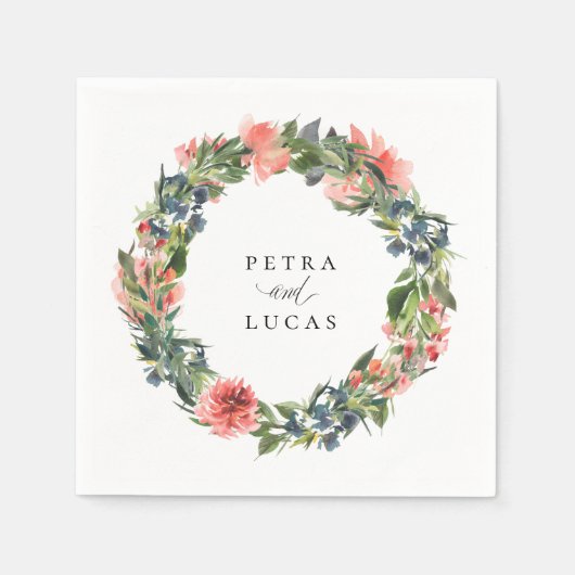 ネイビーコーラルボタニカルパーソナライズされた紙ナプキンス スタンダードカクテルナプキン (正面)