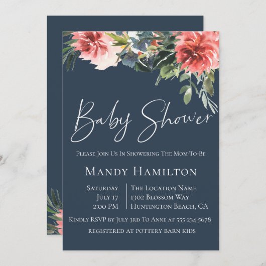 ネイビーコーラルボタニカルベビーシャワー招待状 招待状 (正面/裏面)