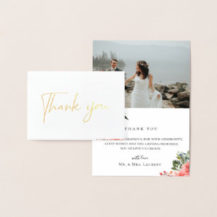 ネイビーコーラル結婚フローラの写真サンキューカード 箔カード