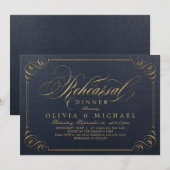 ネイビーゴールドのエレガントなカリグラフィーのリハーサルディナー 招待状 (正面/裏面)