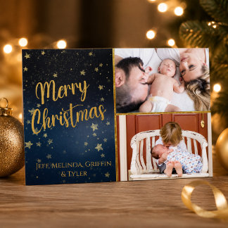 ネイビーゴールドのクリスマスカード 2枚の写真入り シーズンカード