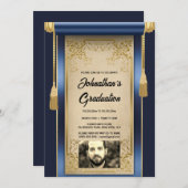 ネイビーゴールドのスクロール写真付き男性の卒業パーティー 招待状 (正面/裏面)