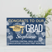 ネイビーゴールドのモダンな紙吹雪と泡の卒業式 招待状 (スタンド正面)