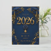 ネイビーゴールドの上品な卒業カード – 2026年卒業 招待状 (スタンド正面)