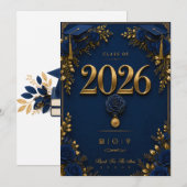 ネイビーゴールドの上品な卒業カード – 2026年卒業 招待状 (正面/裏面)