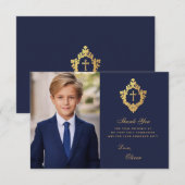 ネイビーゴールドの初めての聖餐式 おしゃれな男の子の写真の紋章 サンキューカード (正面/裏面)