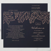 ネイビーゴールドの結婚式プログラム 折りたたみ式 ブルーボタニカル (正面/裏面)