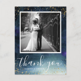 ネイビーゴールドの結婚式写真感謝カード ポストカード