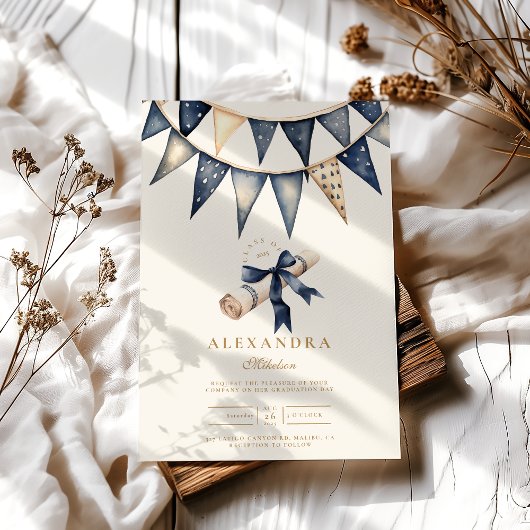ネイビーゴールドの花柄の卒業式ドレス 招待状