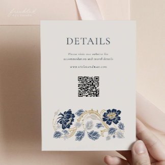 ネイビーゴールドの花柄アールヌーボーデザインのQRコード付きカード エンクロージャーカード