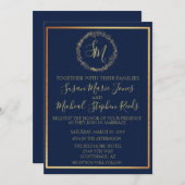 ネイビーゴールドの花輪モノグラムカリグラフィーウェディング 招待状 (正面/裏面)