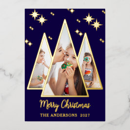 ネイビーゴールドクリスマスツリーフォト箔押しホリデーカード 箔シーズンカード
