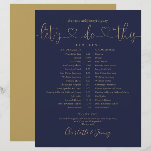 ネイビーゴールドハートスクリプト結婚式スケジュールタイムライン (正面/裏面)
