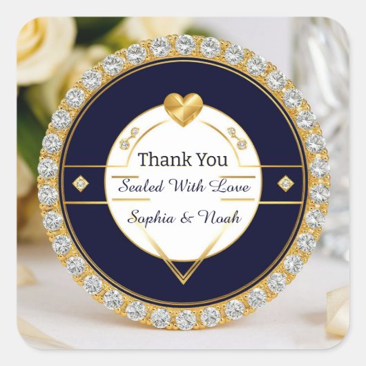 ✨ ネイビーゴールドハートダイヤモンド結婚式記念品 ✨ スクエアシール (正面)
