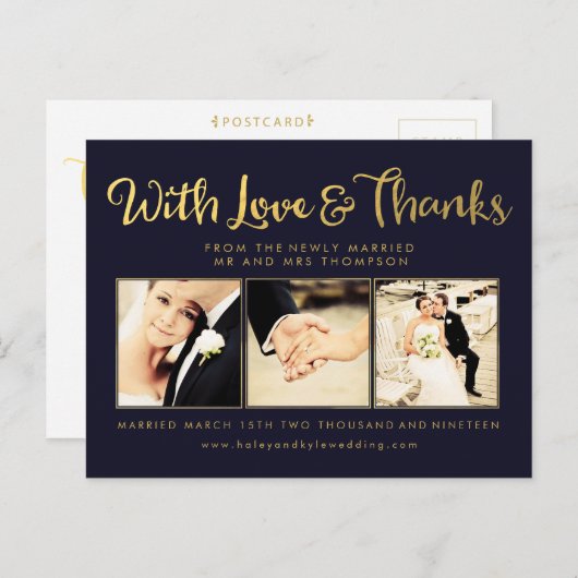 ネイビーゴールドフォイルありがとうスクリプトタイポグラフィ写真 ポストカード (正面/裏面)