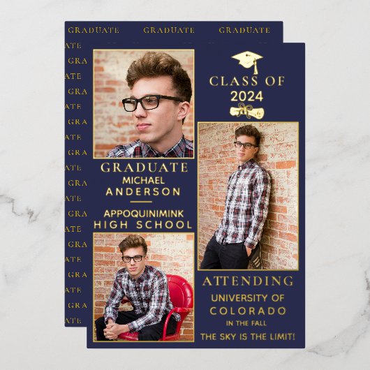 ネイビーゴールドフォイルHS卒業発表 箔シーズンカード (正面/裏面)