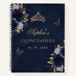 ネイビーゴールドフラワーバタフライQuinceañeraゲストブック ノートブック