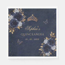ネイビーゴールドフラワーバタフライQuinceañera スタンダードランチョンナプキン
