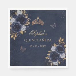 ネイビーゴールドフラワーバタフライQuinceañera スタンダードランチョンナプキン