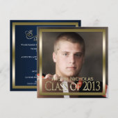 ネイビーゴールドモノグラム フルページ写真 卒業 招待状 (正面/裏面)