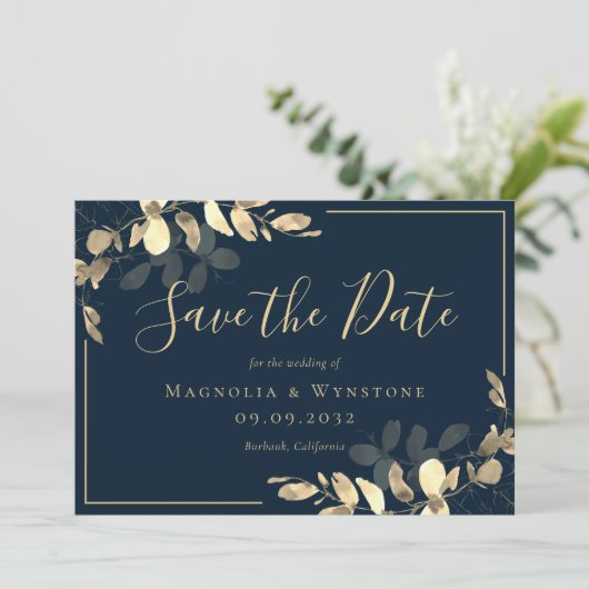 ネイビーゴールドユーカリ Save The Date カード (スタンド正面)