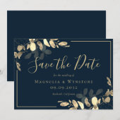 ネイビーゴールドユーカリ Save The Date カード (正面/裏面)