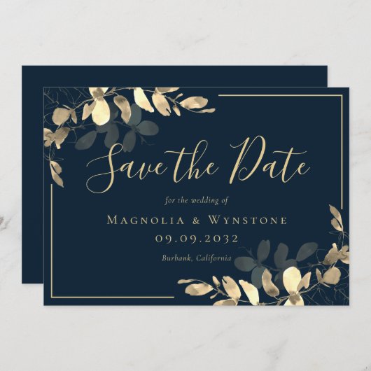 ネイビーゴールドユーカリSave The Dateカード セーブザデート (正面/裏面)