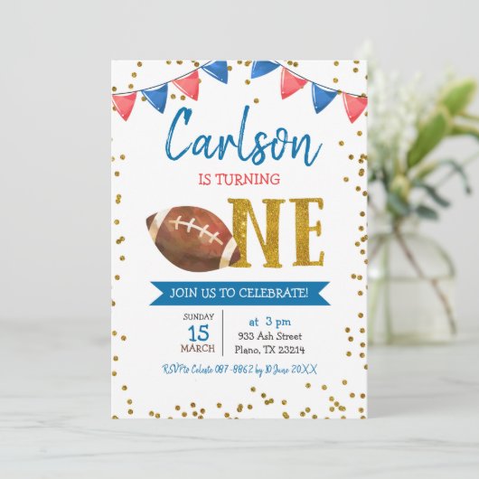 ネイビーサッカーゲームタイムキッドの誕生日招待状 招待状 (スタンド正面)