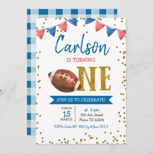 ネイビーサッカーゲームタイムキッドの誕生日招待状 招待状 (正面/裏面)