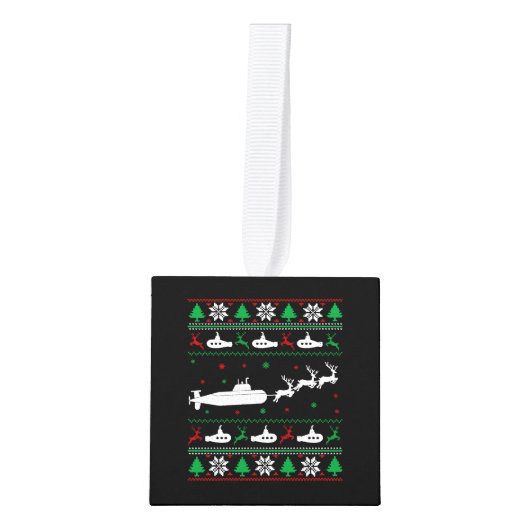 ネイビーサブマリーナー醜いクリスマスセーター キューブオーナメント (正面)