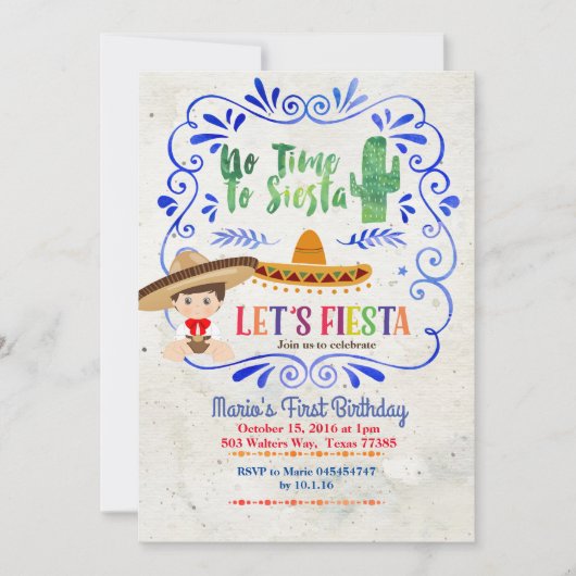 ネイビーサボイ男の子メキシカンフィエスタ1歳の誕生日 招待状 (正面)