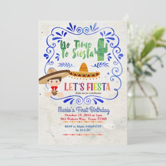 ネイビーサボイ男の子メキシカンフィエスタ1歳の誕生日 招待状 (スタンド正面)