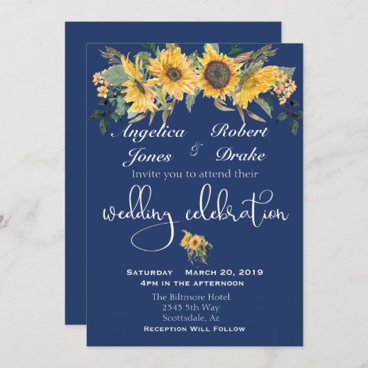 ネイビーサンフラワーイエローエレガモダンントウェディング 招待状 (正面/裏面)
