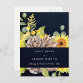 ネイビーサンフラワーユーカリプツパインコーン結婚フローラ インビテーションポストカード (正面/裏面)