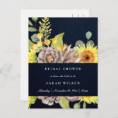 ネイビーサンフラワーユーカリプツパインフローラブライダルシャワー インビテーションポストカード (正面/裏面)