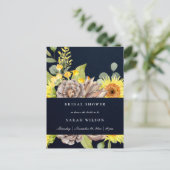 ネイビーサンフラワーユーカリプツパインフローラブライダルシャワー インビテーションポストカード (スタンド正面)