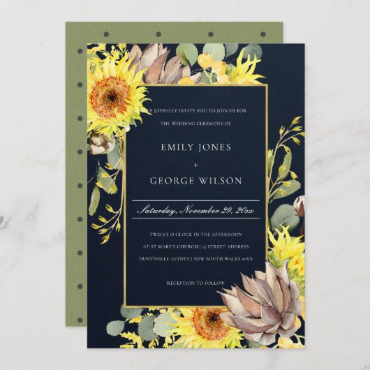 ネイビーサンフラワーユーカリプツパイン結婚フローラ 招待状 (正面/裏面)