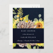 ネイビーサンフラワーユーカリ松フローラ赤ちゃんシャワー インビテーションポストカード (正面/裏面)