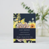 ネイビーサンフラワーユーカリ松フローラ赤ちゃんシャワー インビテーションポストカード (スタンド正面)