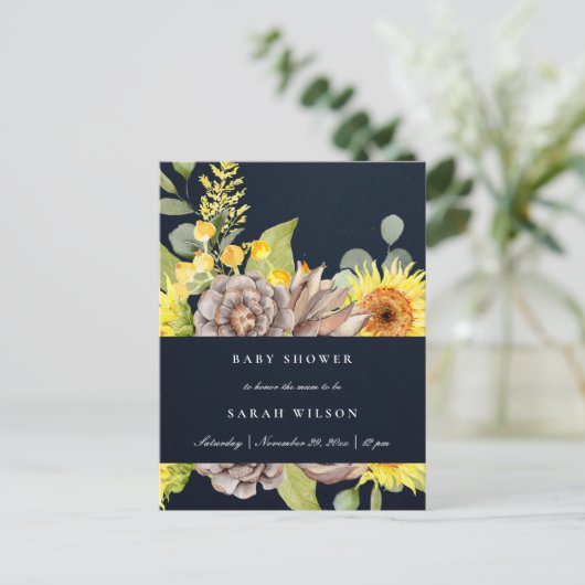 ネイビーサンフラワーユーカリ松フローラ赤ちゃんシャワー インビテーションポストカード (スタンド正面)