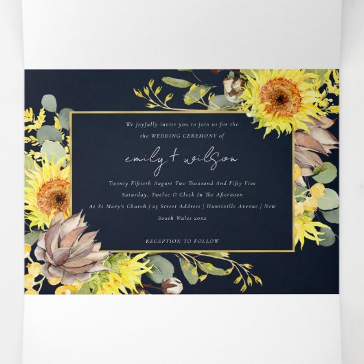 ネイビーサンフラワーユーカリ水彩植物結婚植物 三つ折り招待状 (内部中)