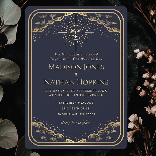 ネイビーサンムーンタロットカードヴィンテージウェディング招待状 招待状