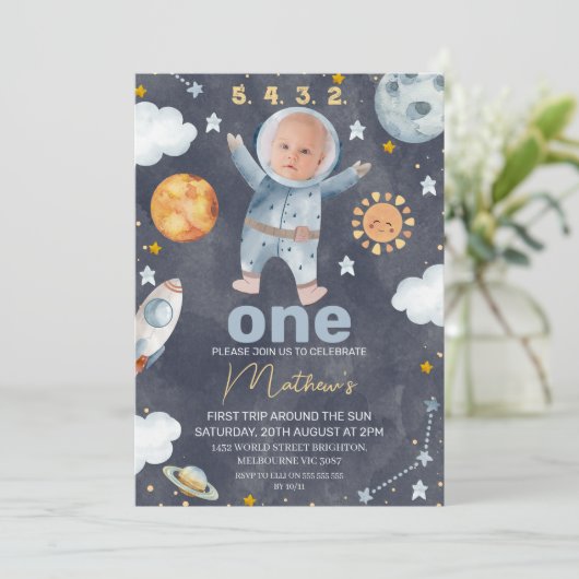 ネイビーサン最初ののまわりに旅の日の最初の誕生日 招待状 (スタンド正面)