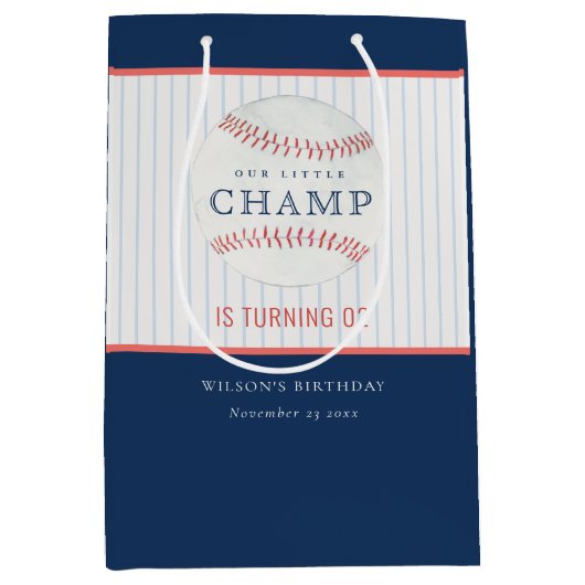 ネイビーザリトルチャンプ野球任意の年齢誕生日 ミディアムペーパーバッグ (正面)