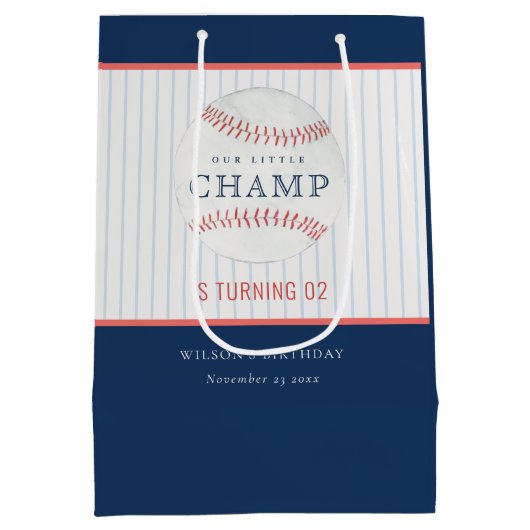 ネイビーザリトルチャンプ野球任意の年齢誕生日 ミディアムペーパーバッグ (裏面)