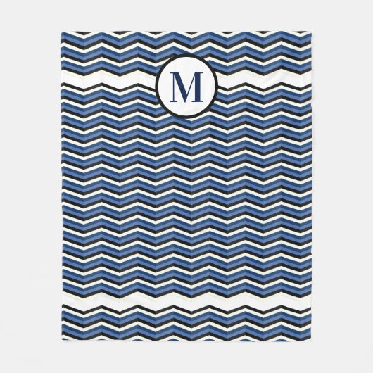 ネイビーシェブロンブルーグレーモノグラム航海の フリースブランケット (正面)