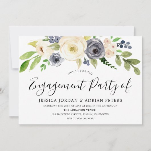 ネイビーシャンパンウォーターカラーフラワーズ婚約パーティ 招待状 (正面)