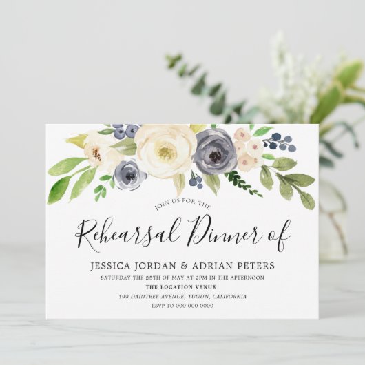ネイビーシャンパンウォーターカラーフラワーリハーサルディナー 招待状 (スタンド正面)