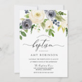 ネイビーシャンパンウォーターカラーフローラガールボーイバプテスマ 招待状 (正面)