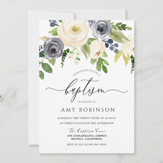 ネイビーシャンパンウォーターカラーフローラガールボーイバプテスマ 招待状 (正面)